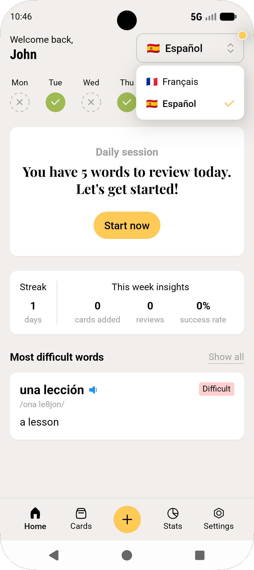 Voca app home screen showing a daily session, weekly insights and the most difficult word card.